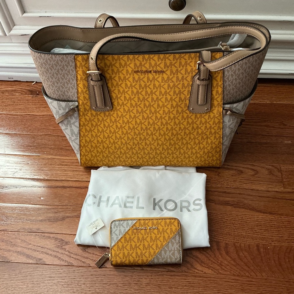 Michael Kors Two-Tone Yellow and Beige Logo Tote with Matching Wallet